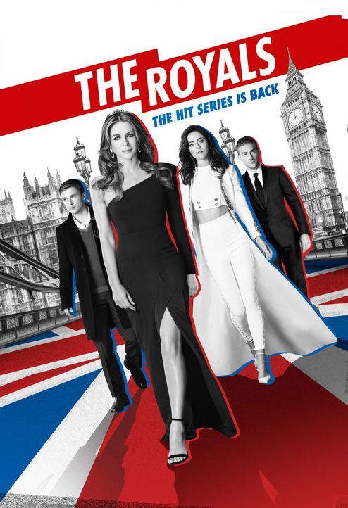 (3. Staffel) - The Royals: Helena (Elizabeth Hurley, 2.v.l.), Liam (William Moseley, l.), Eleanor (Alexandra Park, 2.v.r.) und Jasper (Tom Austen, r... - Bildquelle: 2016 E! Entertainment Television, LLC