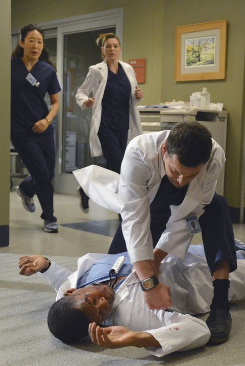 Als Alex (Justin Chambers, r.) auf Shane (Gaius Charles, liegend) losgeht, versuchen Meredith (Ellen Pompeo, M.) und Cristina (Sandra Oh, l.) dazwis... - Bildquelle: ABC Studios