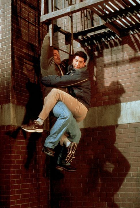 Joey (Matt LeBlanc, r.) und Ross (David Schwimmer, l.) müssen sich mit einer waghalsigen Kletteraktion vom Dach retten. - Bildquelle: TM+  2000 WARNER BROS.