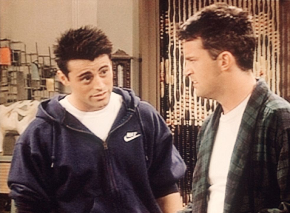 Chandler (Matthew Perry, r.) hat Angst, mal genauso einsam wie Mr. Heckles zu werden. Sein Freund Joey (Matt LeBlanc, l.) versucht, ihn zu beruhigen. - Bildquelle: TM+  2000 WARNER BROS.