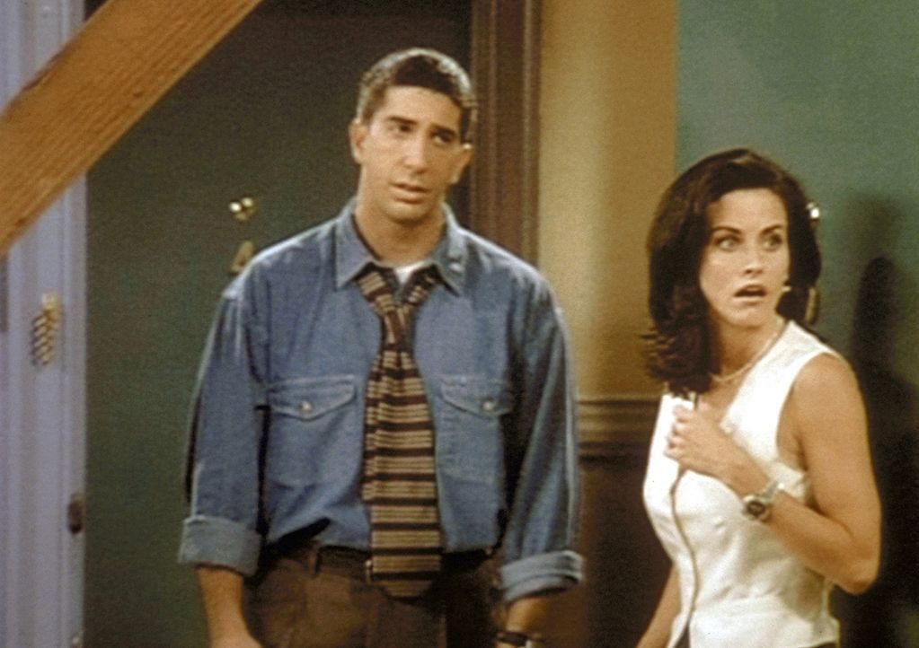 Ross (David Schwimmer, l.) teilt seiner Schwester Monica (Courteney Cox, r.) mit, dass seine Ex-Frau, die mit ihrer Geliebten durchgebrannt ist, ein... - Bildquelle: TM+  2000 WARNER BROS.