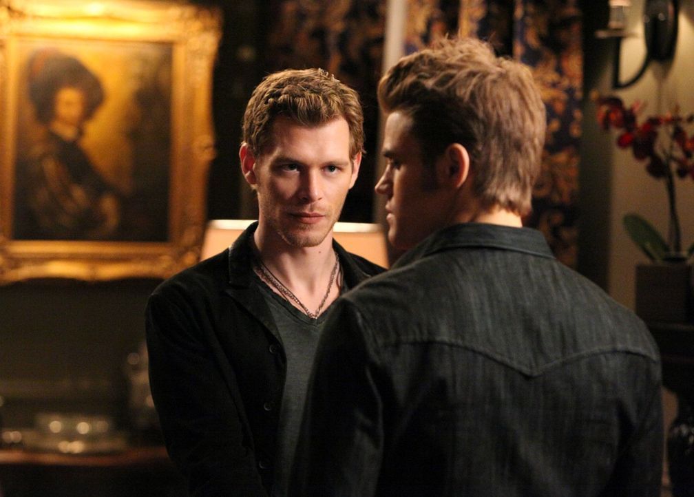 Klaus (Joseph Morgan, l.) teilt Stefan (Paul Wesley, r.) mit, dass Damon ein Treffen mit ihnen organisiert hat, um eine Vereinbarung zu treffen. - Bildquelle: Warner Brothers