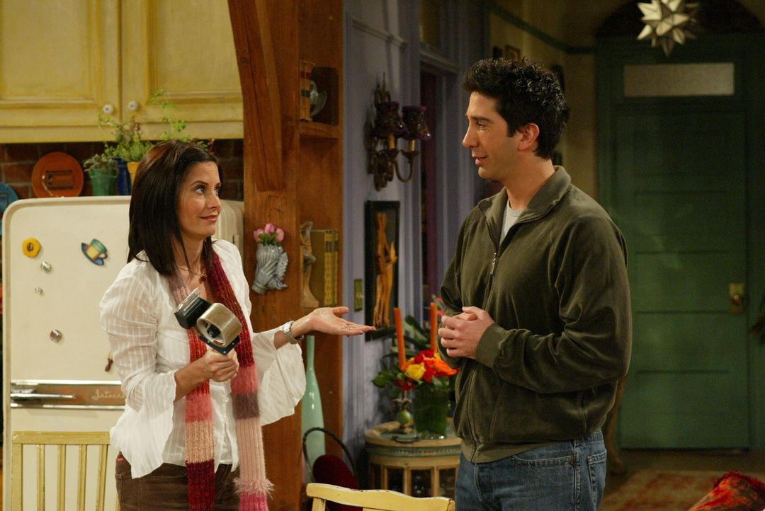 Wegen Rachels Umzug nach Paris ist Ross (David Schwimmer, r.) sehr traurig. Monica (Courteney Cox, l.) versucht ihn zu trösten ... - Bildquelle: Warner Bros. Television