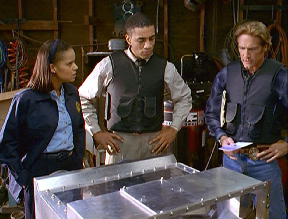Amanda (Victoria Rowell, l.), FBI-Agent Wagner (Harry J. Lennix, M.) und Steve (Barry Van Dyke, r.) stehen fassungslos vor einem Behälter, in dem ei... - Bildquelle: Viacom