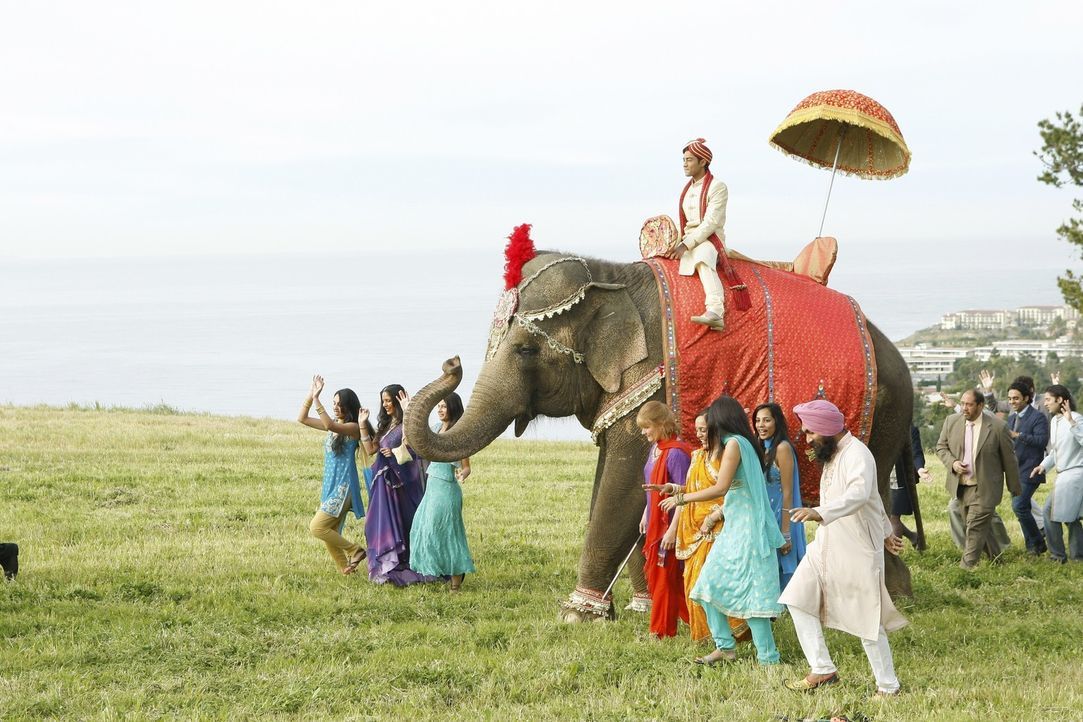 Bräutigam Raj (Manish Dayal, M.) wird auf einem Elefanten zur Hochzeit geführt und genießt es, im Mittelpunkt zu stehen ... - Bildquelle: TM &   2011 CBS Studios Inc. All Rights Reserved.