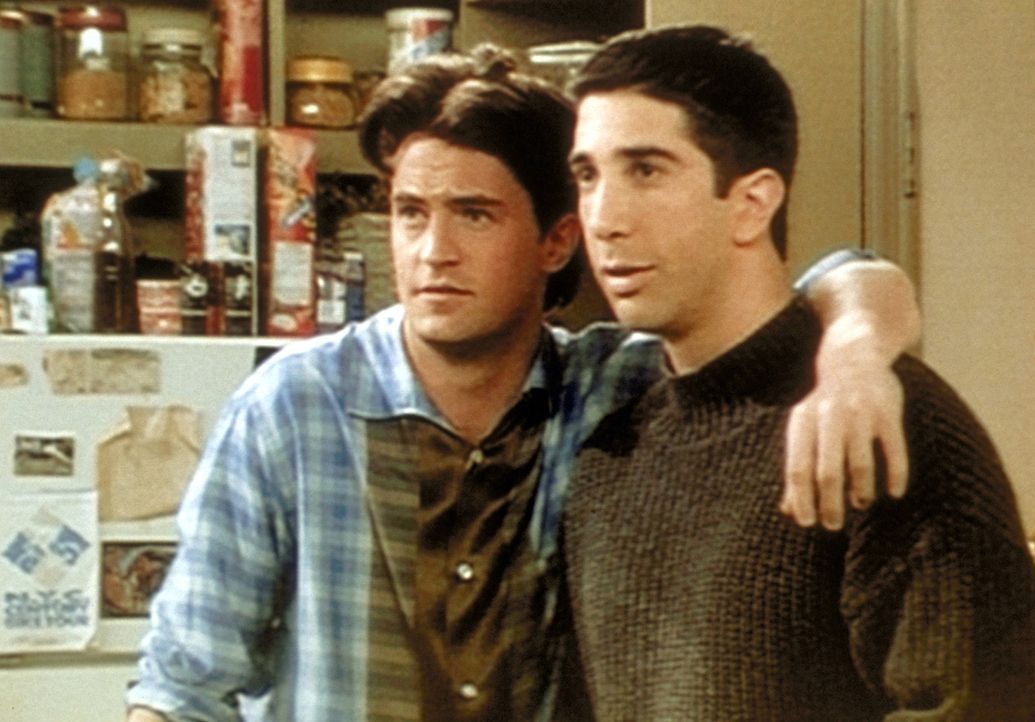 Chandler (Matthew Perry, l.) malt mit Ross (David Schwimmer, r.) die rosigen Zeiten seines zukünftigen Zusammenlebens mit Rachel aus. - Bildquelle: TM+  2000 WARNER BROS.
