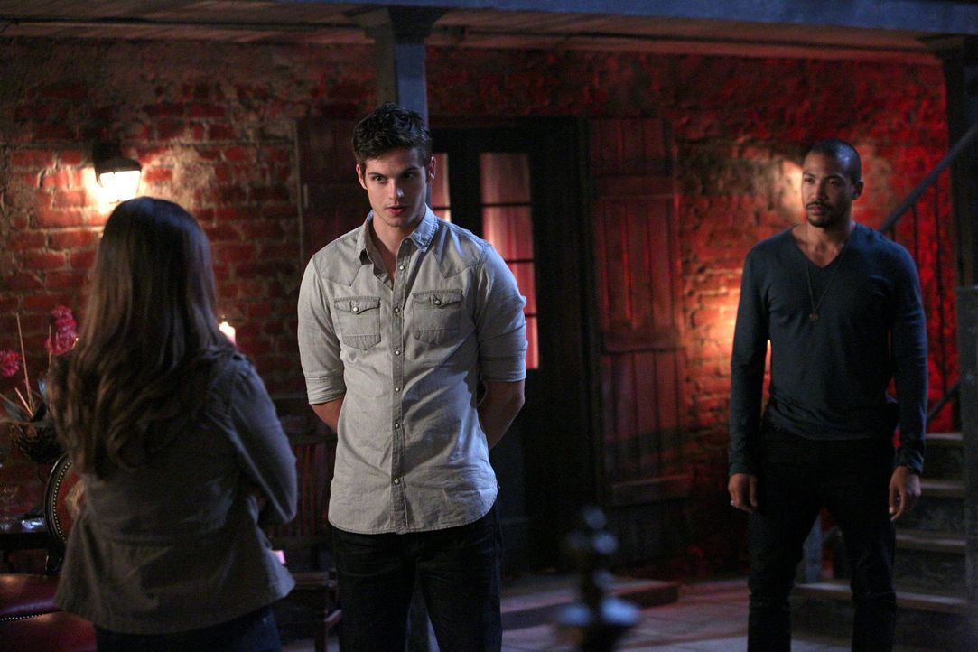 Können Kol (Daniel Sharman, M.) und Marcel (Charles Michael Davis, r.) Davina (Danielle Campbell, l.) dazu bringen, mit ihnen auf einer Seite zu käm... - Bildquelle: Warner Bros. Television