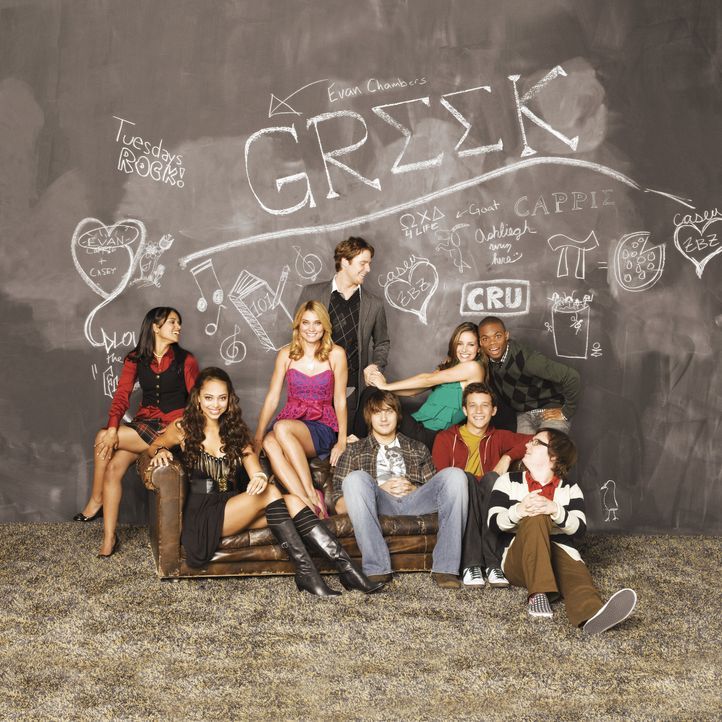 (3. Staffel) - Genießen ihr Studentenleben: Rebecca (Dilshad Vadsaria, l.), Casey (Spencer Grammer, 3.v.l.), Evan (Jake McDorman, 4.v.l.), Rusty (Ja... - Bildquelle: 2008 ABC Family
